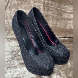 Black Glitter and Lace Platform Heels